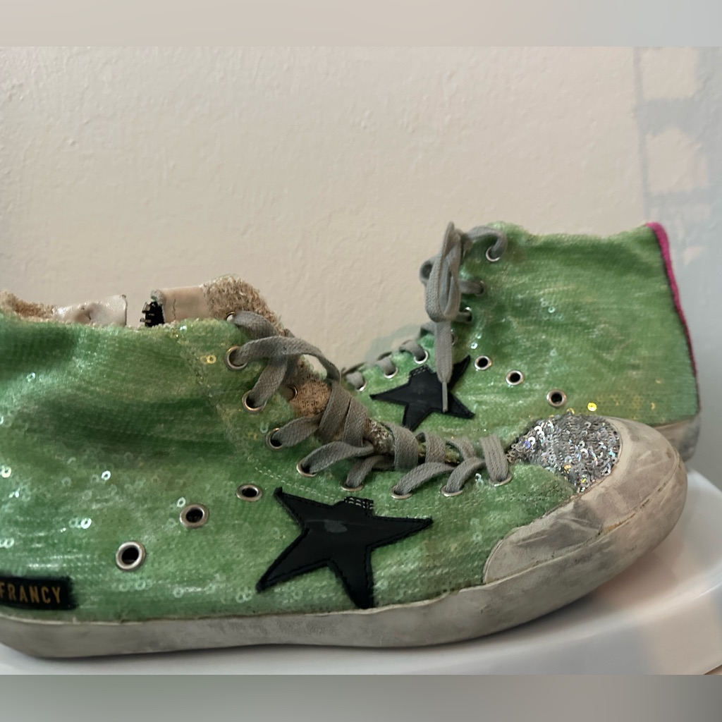 Golden Goose France Green Sequin With Black Star And Silver Glitterr Toe
